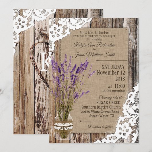 Lavender Wood Lace Rustic Wedding Kaart (Voorkant / Achterkant)