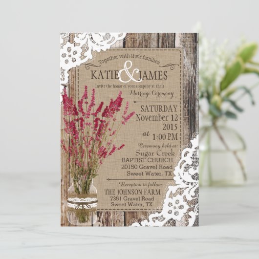 Lavender Wood Lace Rustic Wedding Kaart (Staand voorkant)