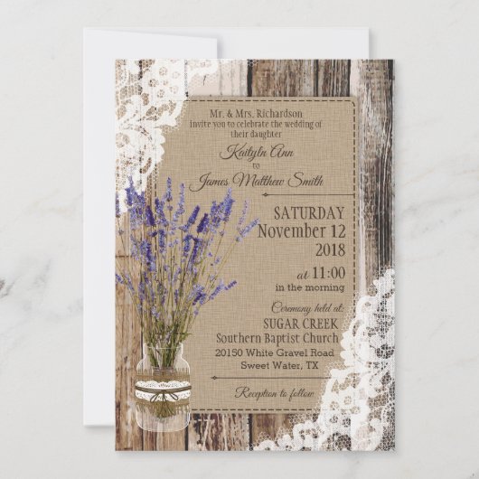 Lavender Wood Lace Rustic Wedding Kaart (Voorkant)