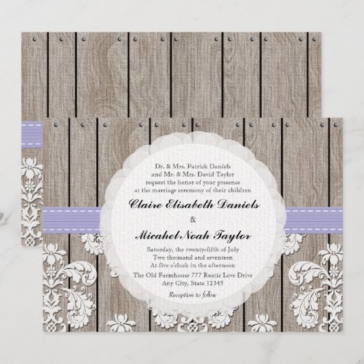 Lavender Wood Lace Wedding Invitations Kaart (Voorkant / Achterkant)
