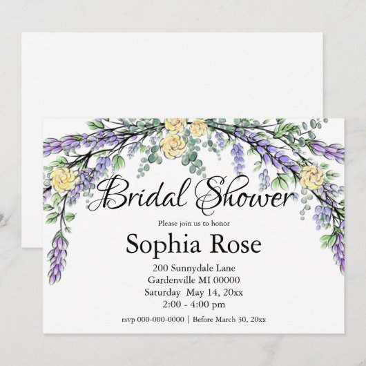 Lavender Yellow Rose en Eucalyptus Invitation Kaart (Voorkant / Achterkant)