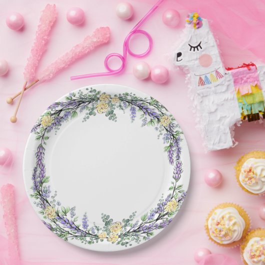 Lavender Yellow Rose en Eucalyptus Papieren Bordje (Feest)