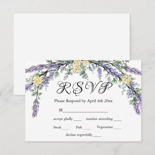 Lavender Yellow Rose en Eucalyptus RSVP-kaart RSVP Kaartje (Voorkant / Achterkant)