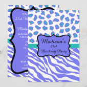 Lavender Zebra Leopard 21st Birthday Invitation Kaart (Voorkant / Achterkant)