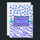Lavender Zebra Leopard 21st Birthday Invitation Kaart<br><div class="desc">Pas deze verfijnde uitnodiging aan voor een 21e verjaardagsfeestje of andere gebeurtenis. Het ontwerp is uitgerust met paarse en witte strepen van de periwinkle-lavender en met een luipaard of cheetah-skins, gecombineerd voor een trendy en modern ontwerp. Een lavender paars embleem dat in zwart op een turquoise blauwgroen blauwe balk staat...</div>