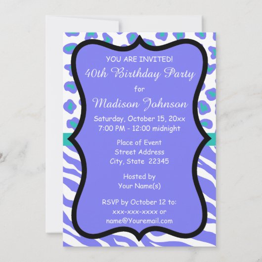 Lavender Zebra Leopard 40th Birthday Invitation Kaart (Achterkant)