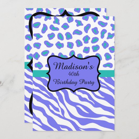 Lavender Zebra Leopard 40th Birthday Invitation Kaart (Voorkant / Achterkant)