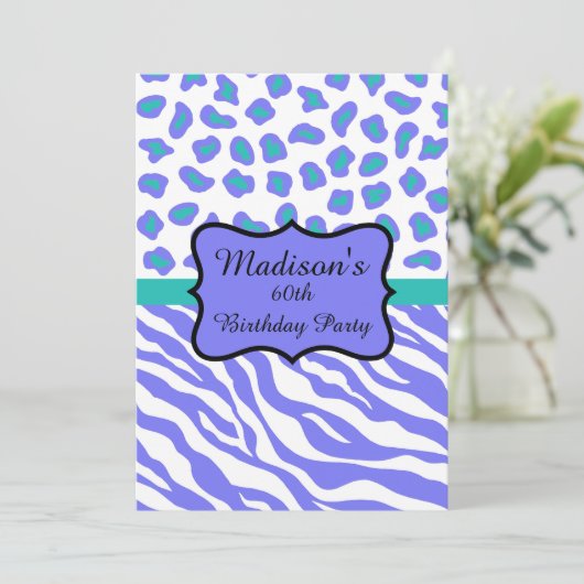 Lavender Zebra Leopard 60th Birthday Invitation Kaart (Staand voorkant)