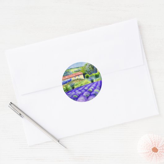 Lavendervelden tekenen ronde sticker (Envelop)