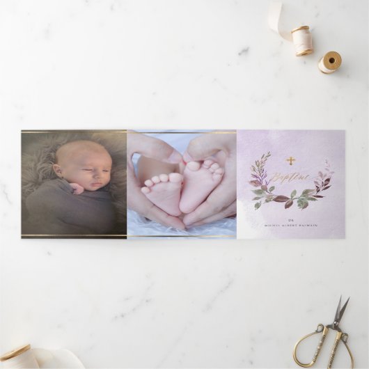 Lavendre Couronne de Feuillage Aquarelle, Bapteme Drieluik Uitnodiging (Buitenkant)