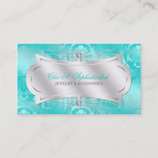 Lavish Blauwgroen Diamond Damask Swirl Visitekaartje (Voorkant)