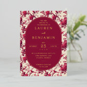 Lavish Crimson Blooms Wedding Folie Uitnodiging (Staand Voorkant)