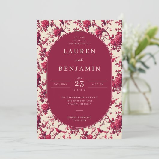 Lavish Crimson Blooms Wedding Kaart (Staand voorkant)