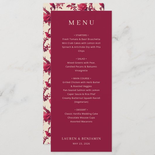 Lavish Crimson Blooms Wedding Menu (Voorkant / Achterkant)