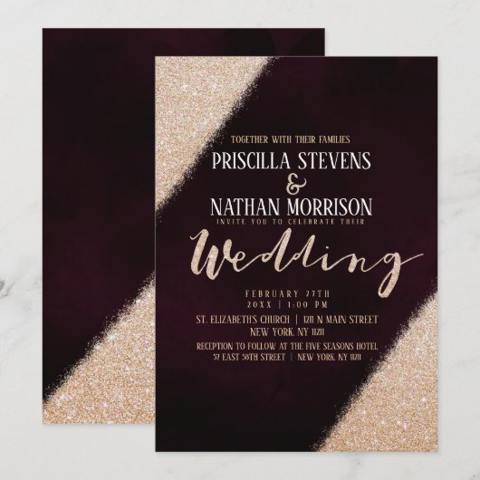 Lavish Gold Glitter Burgundy Waterverf Wedding Kaart (Voorkant / Achterkant)