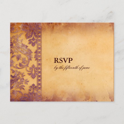 Lavish Lila Grunge Damask Wedding RSVP Briefkaart (Voorkant)