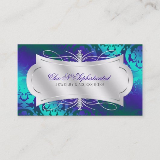 Lavish Paarse Turquoise Diamond Damask Swirl Visitekaartje (Voorkant)
