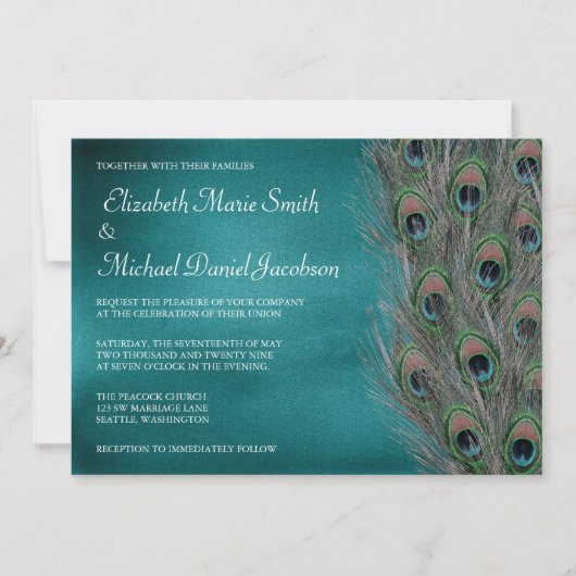 Lavish Peacock Feathers Wedding Invitation Kaart (Voorkant)