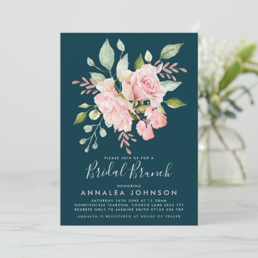 Lavish Pink & Blauwgroen Rozen Bridal Brunch Kaart (Staand voorkant)