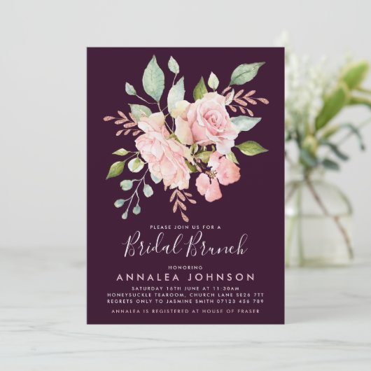 Lavish Pink & Eggplant Rozen Bridal Brunch Kaart (Staand voorkant)