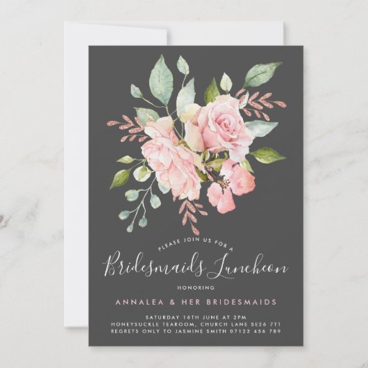 Lavish Pink Roses & Glitter Bridesmaids Luncheon Kaart (Voorkant)