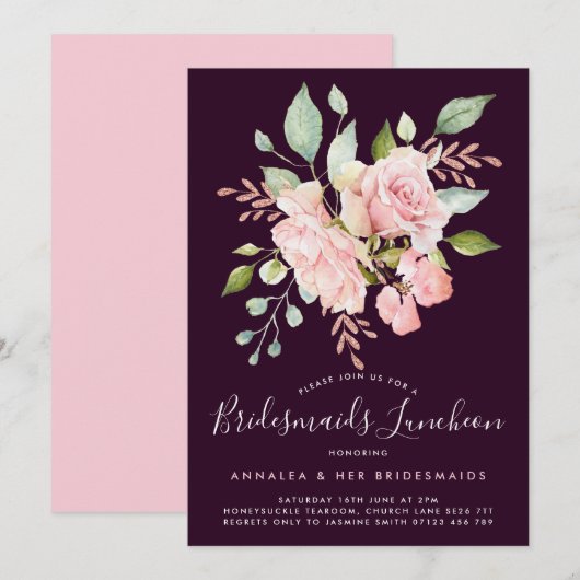 Lavish Pink Roses & Glitter Bridesmaids Luncheon Kaart (Voorkant / Achterkant)
