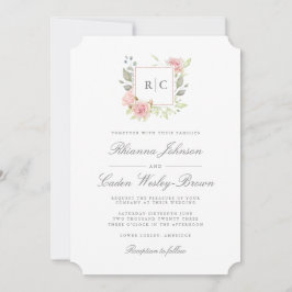 Lavish Pink Roses Monogram Lijst Wedding Kaart