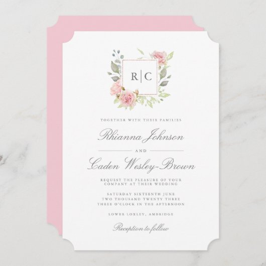 Lavish Pink Roses Monogram Lijst Wedding Kaart (Voorkant / Achterkant)