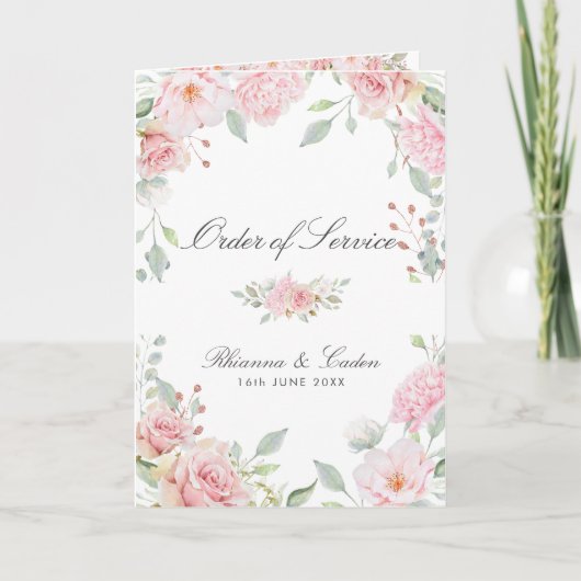Lavish Pink Roses Wedding Folded Booklet Programma (Voorkant)