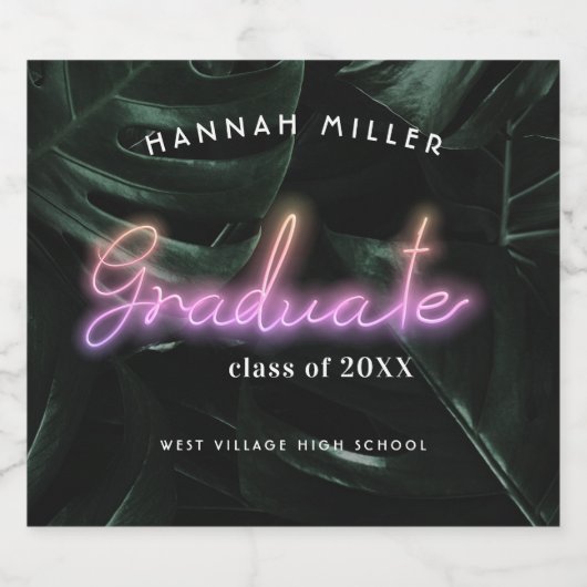 Lavish Tropical Palms | Afstuderen Neon Lights Sparkling Wijnetiket (Enkel label)