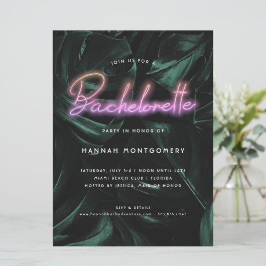 Lavish Tropical Palms | Neon Lights Bachelorette Kaart (Staand voorkant)