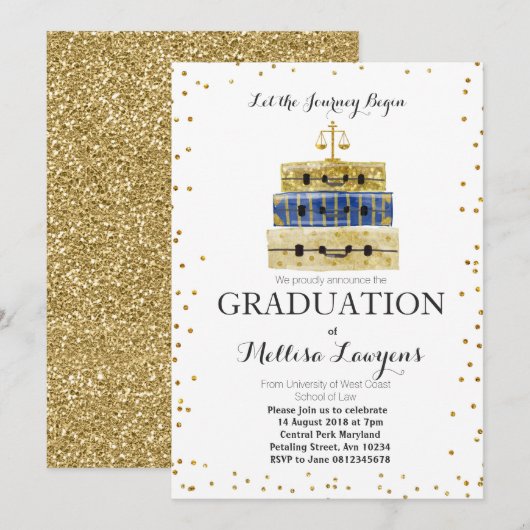 Law Graduation Party Invitation Gold confetti Kaart (Voorkant / Achterkant)