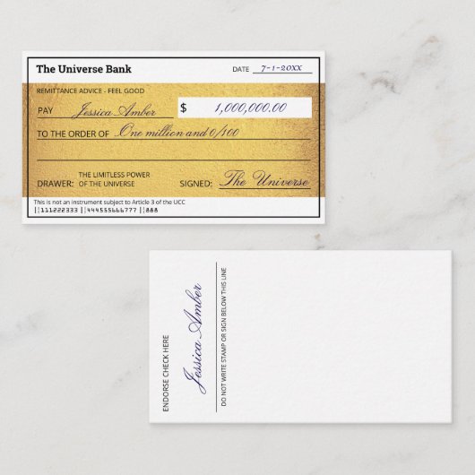 Law of Attraction Gold Manifestation Blank Check Notitiekaartje (Voorkant / Achterkant)