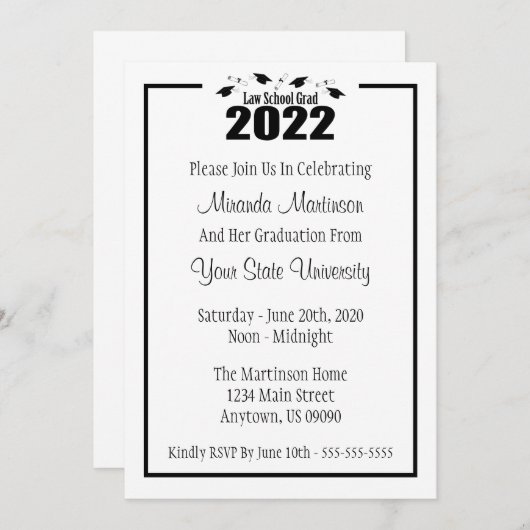 Law School 2022 Afstuderen Invite (Zwarte Petten) Kaart (Voorkant / Achterkant)