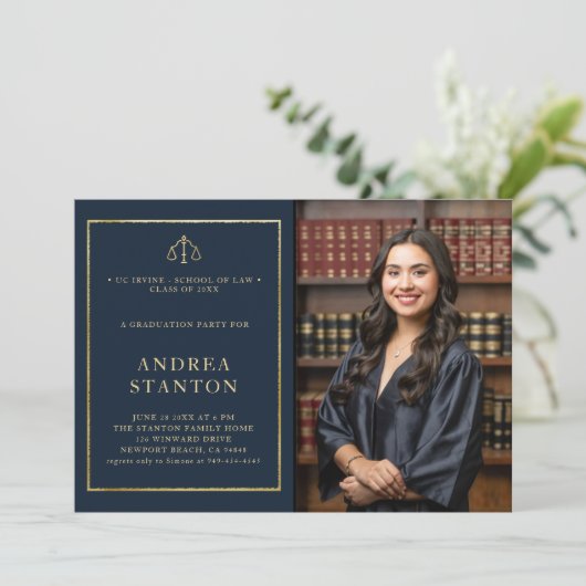 Law School Afstuderen Goud Lijst Foto Modern Navy Kaart (Staand voorkant)