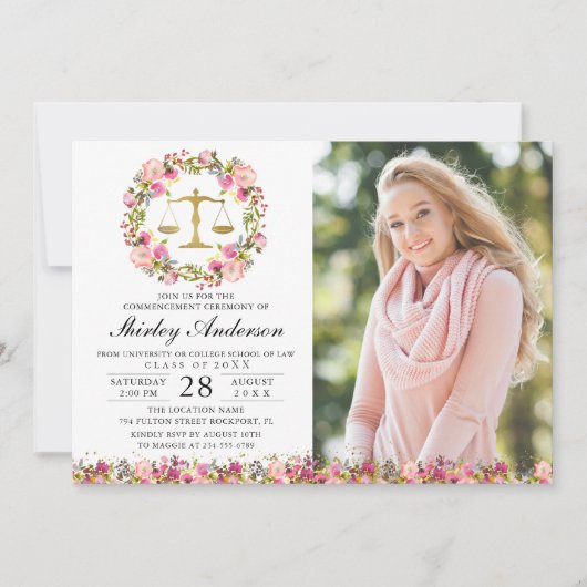 Law School Afstuderen Pink Gold Floral Afstudeerde Kaart (Voorkant)