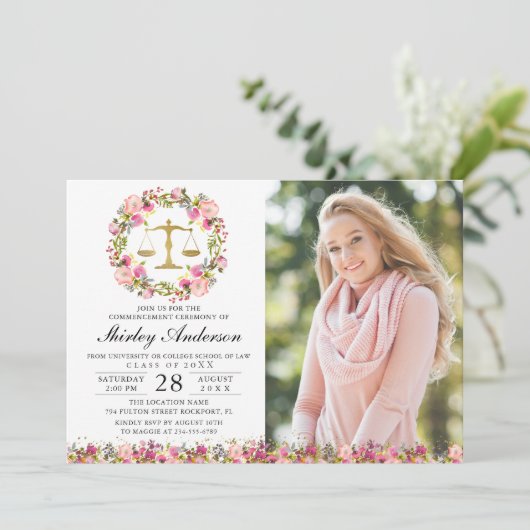 Law School Afstuderen Pink Gold Floral Afstudeerde Kaart (Staand voorkant)