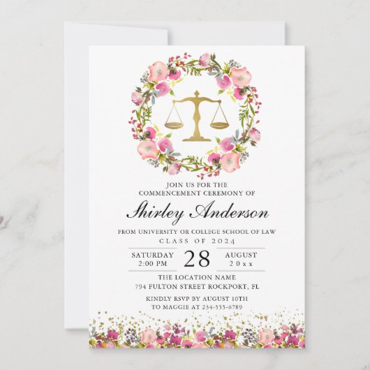 Law School Afstuderen Pink Gold Waterverf Wreate Kaart (Voorkant)