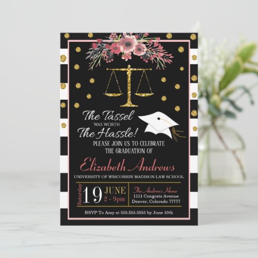 Law School Afstuderen Uitnodiging -Floral (Staand voorkant)