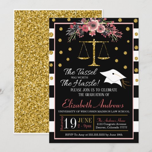 Law School Afstuderen Uitnodiging -Floral (Voorkant / Achterkant)