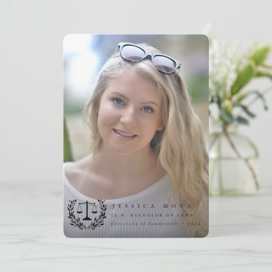 Law School Black Overlay 2 Photo Afstuderen Aankondiging (Staand voorkant)