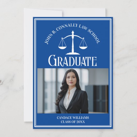 Law School Foto Custom Blauw Wit Afstuderen Aankondiging (Voorkant)