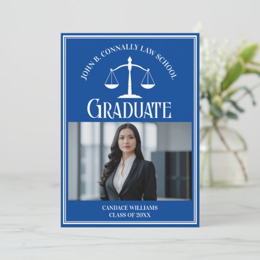 Law School Foto Custom Blauw Wit Afstuderen Aankondiging (Staand voorkant)