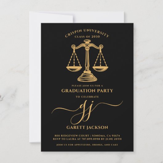 Law School Gold Script Photo Black Graduation  Kaart (Voorkant)