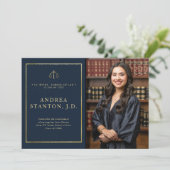 Law School Graduation Gold Frame Photo Modern Navy Aankondiging (Staand voorkant)