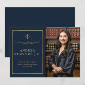 Law School Graduation Gold Frame Photo Modern Navy Aankondiging (Voorkant / Achterkant)