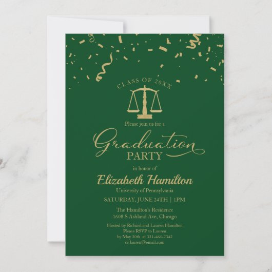 Law School Graduation Party Gold Confetti Groen Kaart (Voorkant)