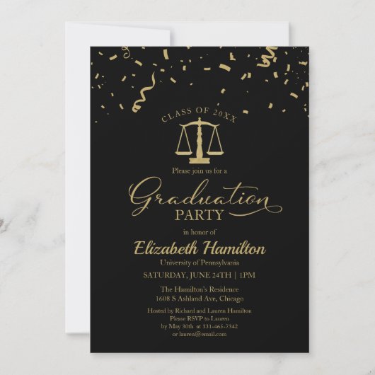 Law School Graduation Party Gold Confetti Zwart Kaart (Voorkant)