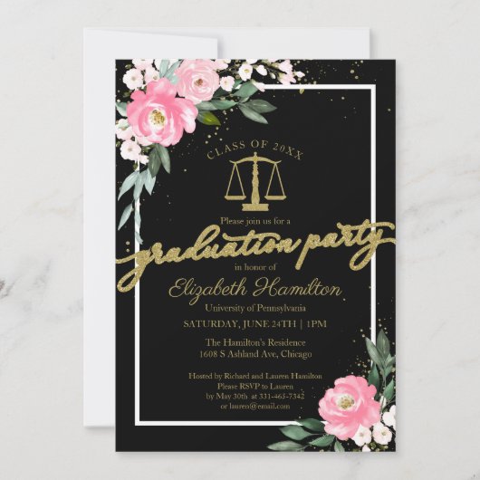 Law School Graduation Party Hot Pink Bloemen Zwart Kaart (Voorkant)