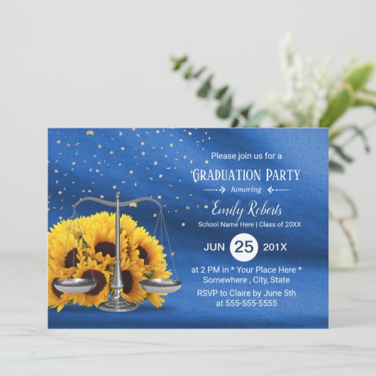 Law School Rustic Sunflower Navy Blue Afstuderen Kaart (Staand voorkant)